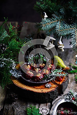 Cranberry Glazed Turkey Meatballs in a Christmas decor Stock Photo