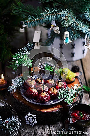 Cranberry Glazed Turkey Meatballs in a Christmas decor Stock Photo