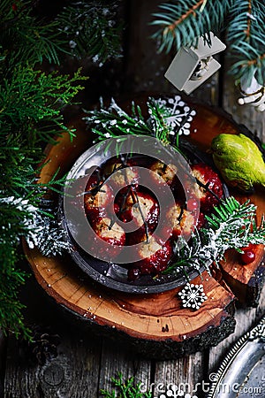 Cranberry Glazed Turkey Meatballs in a Christmas decor Stock Photo