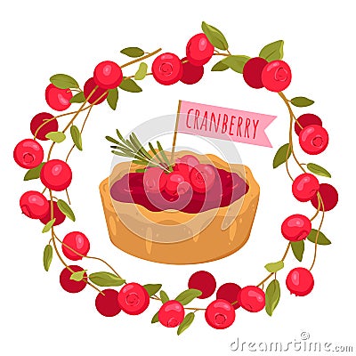 Cranberry portion cake with flag inside circle wreath with red berry fruit and leaves Vector Illustration