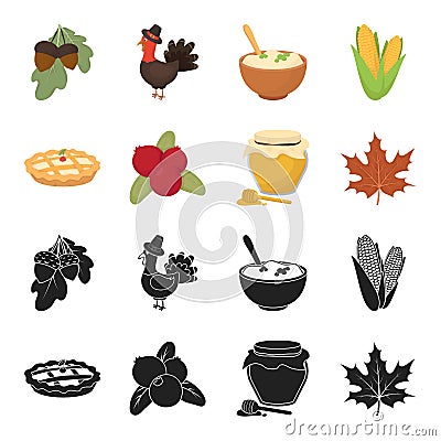 Cranberry, pumpkin pie, honey pot, maple leaf.Canada thanksgiving day set collection icons in black,cartoon style vector Vector Illustration