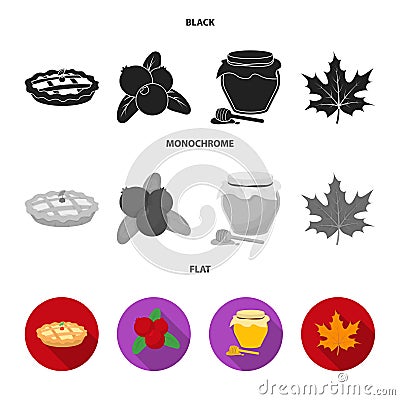 Cranberry, pumpkin pie, honey pot, maple leaf.Canada thanksgiving day set collection icons in black, flat, monochrome Vector Illustration