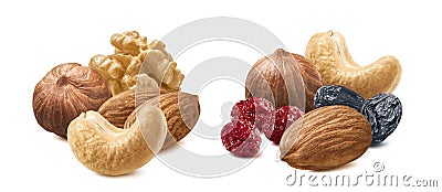 Cranberry, raisin, hazelnut, almond, walnut and cashew nut set isolated on white background Stock Photo