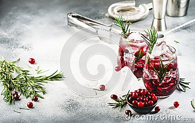 Cranberry, vodka, gin alcoholic cocktail with ice, rosemary and berries in tumbler glass. Summer long drink. Gray table background Stock Photo