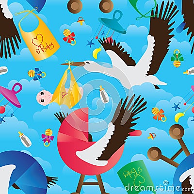 Crane baby item fly set sky seamless pattern Vector Illustration