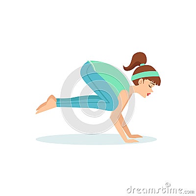 Crane Bakasana Yoga Pose Demonstrated By The Girl Cartoon Yogi With Ponytail In Blue Sportive Clothing Vector Vector Illustration