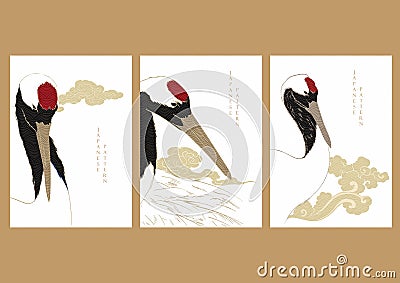 Crane birds background with wave pattern vector. Japanese traditional template. Vector Illustration