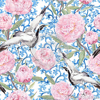 Crane birds, peony flowers. Floral repeating asian pattern. Watercolor Stock Photo