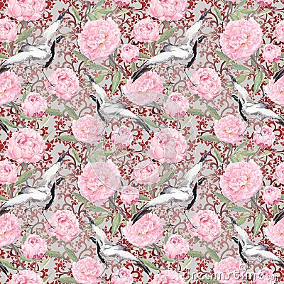 Crane birds, peony flowers. Floral repeating pattern, Asia. Watercolor Stock Photo