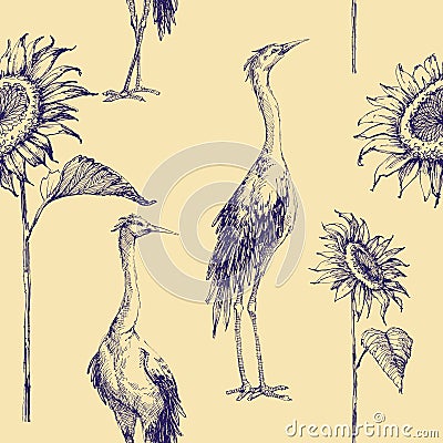 Crane birds and sunflowers hand drawn pattern Vector Illustration