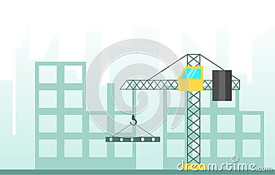 Crane at Construction Building Site with Hazy Modern City Silhouette in the Background Vector Illustration Vector Illustration
