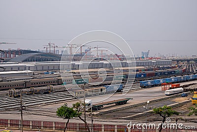 Crane construction site. Construction of transportation in train industrial with cranes Editorial Stock Photo