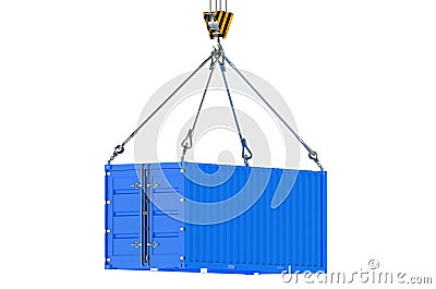 Crane hook and blue cargo container Stock Photo