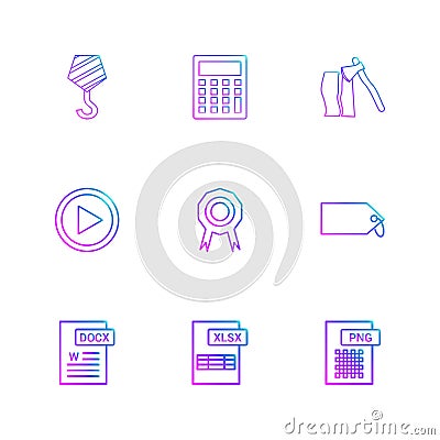 Crane hook , calculator , axe , video , medal , badge , tag , png , xlxs , excel , docx , 9 eps icons se vector Vector Illustration