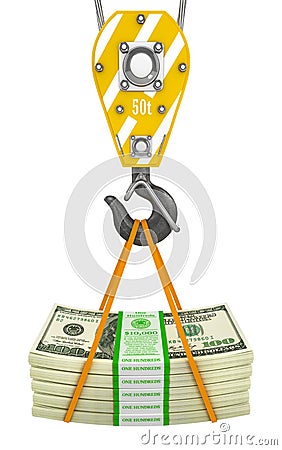 Crane hook holding stack of money Cartoon Illustration