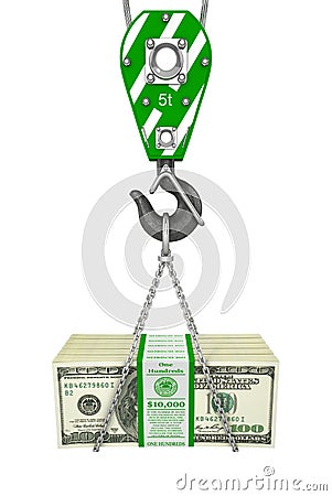 Crane hook holding stack of money Cartoon Illustration