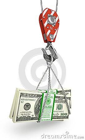 Crane hook holding stack of money Cartoon Illustration