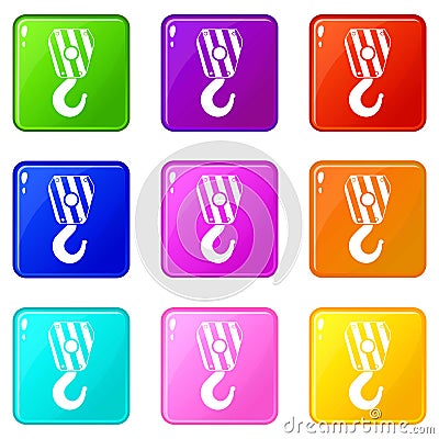 Crane hook icons 9 set Vector Illustration