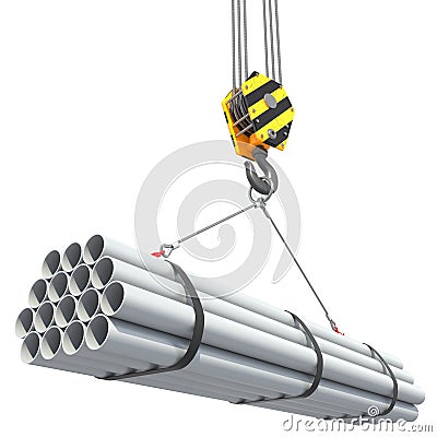 Crane hook lifts group of pipes. Stock Photo