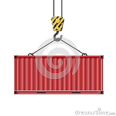 Crane hook lifts the metal container. Transportation of cargo. I Vector Illustration