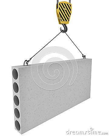 Crane hook lifts up concrete plate isolated Stock Photo