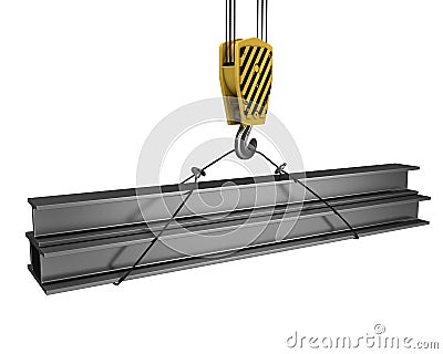 Crane hook lifts up few H girders Stock Photo