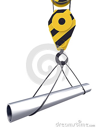 Crane hook lifts up one pipe Stock Photo