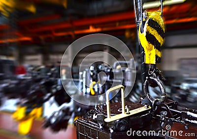 Crane hook of the overhead crane in the workshop Stock Photo