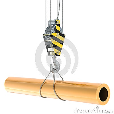 Crane hook with round copper pipe, 3D rendering Stock Photo