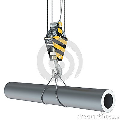 Crane hook with round steel pipe, 3D rendering Stock Photo