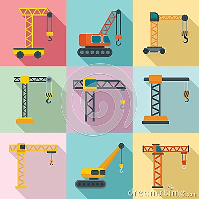 Crane icons set, flat style Vector Illustration