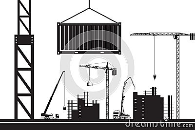 Crane lifting container on construction site Vector Illustration