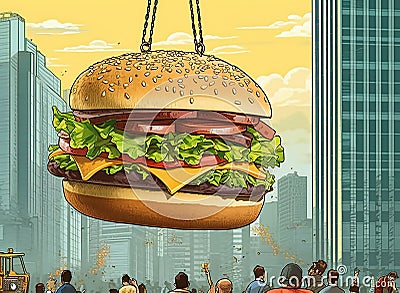 A crane lifts a huge burger in a large metropolis Stock Photo