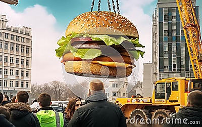 A crane lifts a huge burger in a large metropolis Stock Photo