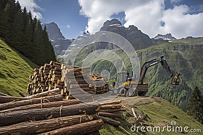 crane loading cut tree trunks on stack on mountain Stock Photo