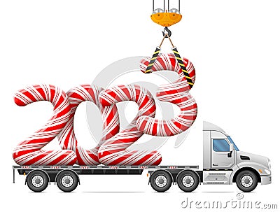Crane loads New Year 2023 of candy stick Vector Illustration