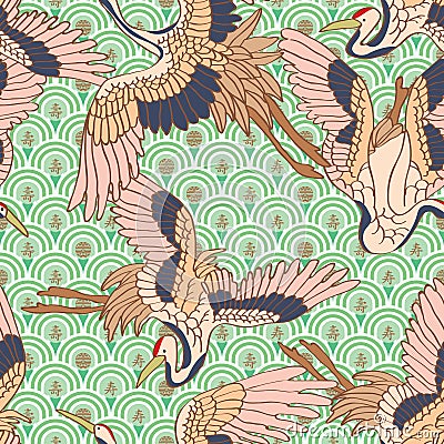 Crane long life evergreen seamless pattern Vector Illustration