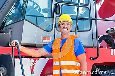 Crane operator standing on company yard Stock Photo