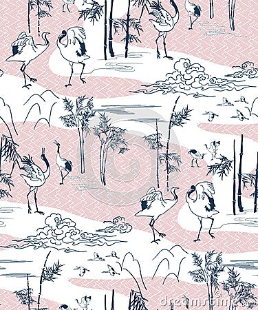 Crane vector pattern bamboo japanese traditional seamless Stock Photo