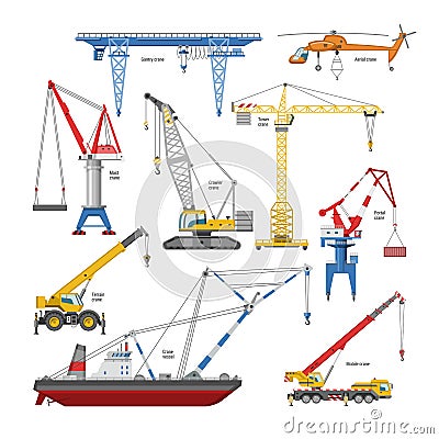 Crane vector tower-crane and industrial building equipment or constructiontechnics illustration set of high gantry or Vector Illustration
