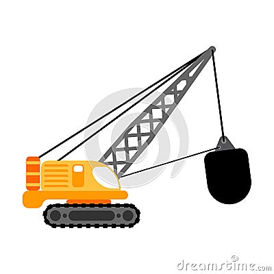 Crane with wrecking ball isolated. Construction machinery vector Vector Illustration