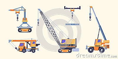 Cranes collection. Industrial loading machines for builders crane ropes with hook hoist vehicles garish vector Vector Illustration