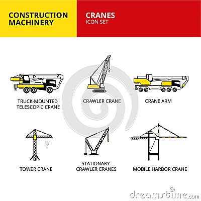 cranes vehicle and transport construction machinery icons set vector Vector Illustration