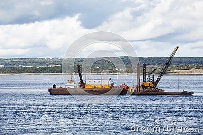 Cranes on Working Barge Stock Photo