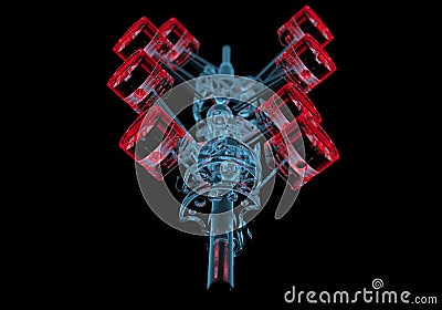 Crank shaft with pistons (3D xray red and blue transparent) Stock Photo