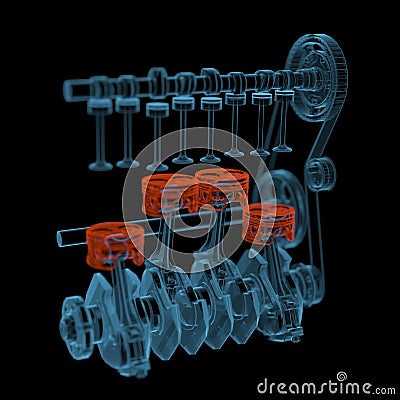 Crank shaft with pistons (3D xray red and blue transparent) Stock Photo