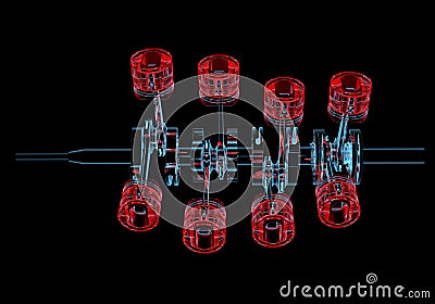 Crank shaft with pistons (3D xray red and blue transparent) Stock Photo