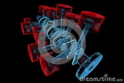 Crank shaft with pistons (3D xray red and blue transparent) Stock Photo