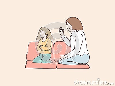 Cranky daughter being scolded by mother simple korean style illustration Vector Illustration