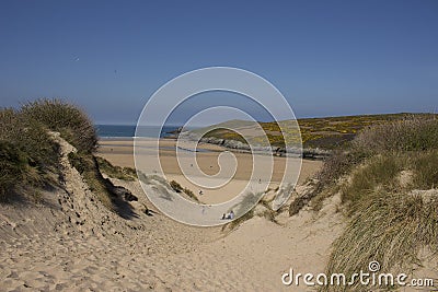 Sunlight over Dunes, Crantock Beach, on the beautiful north Cornwall coast Stock Photo